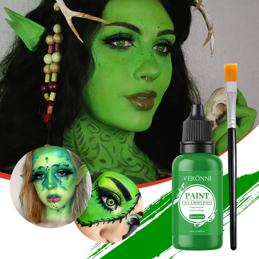 Professional Face & Body - Temporary Tattoo Makeup with Brush,Monochrome Grass Green for Cosplay,SFX Tattoos Makeup