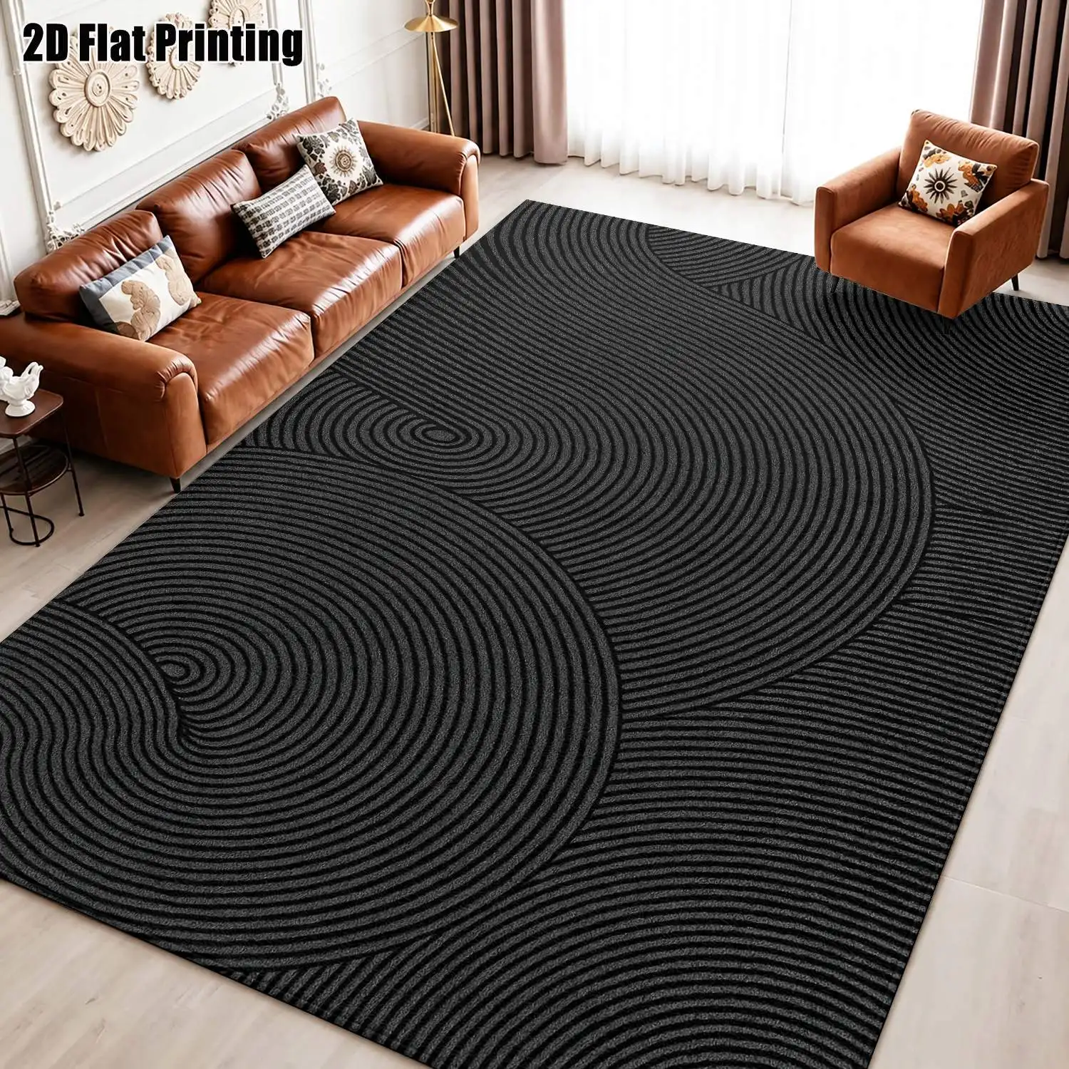 1Pc 2D Printed Carpet: Nordic Style, Gray-White Geometric Lines on Black Base, Modern Minimalist Floor Mat, Machine Washable, Multi-Size, Suitable for Home Decor, Entryway/Dining/Living/Bedroom Use