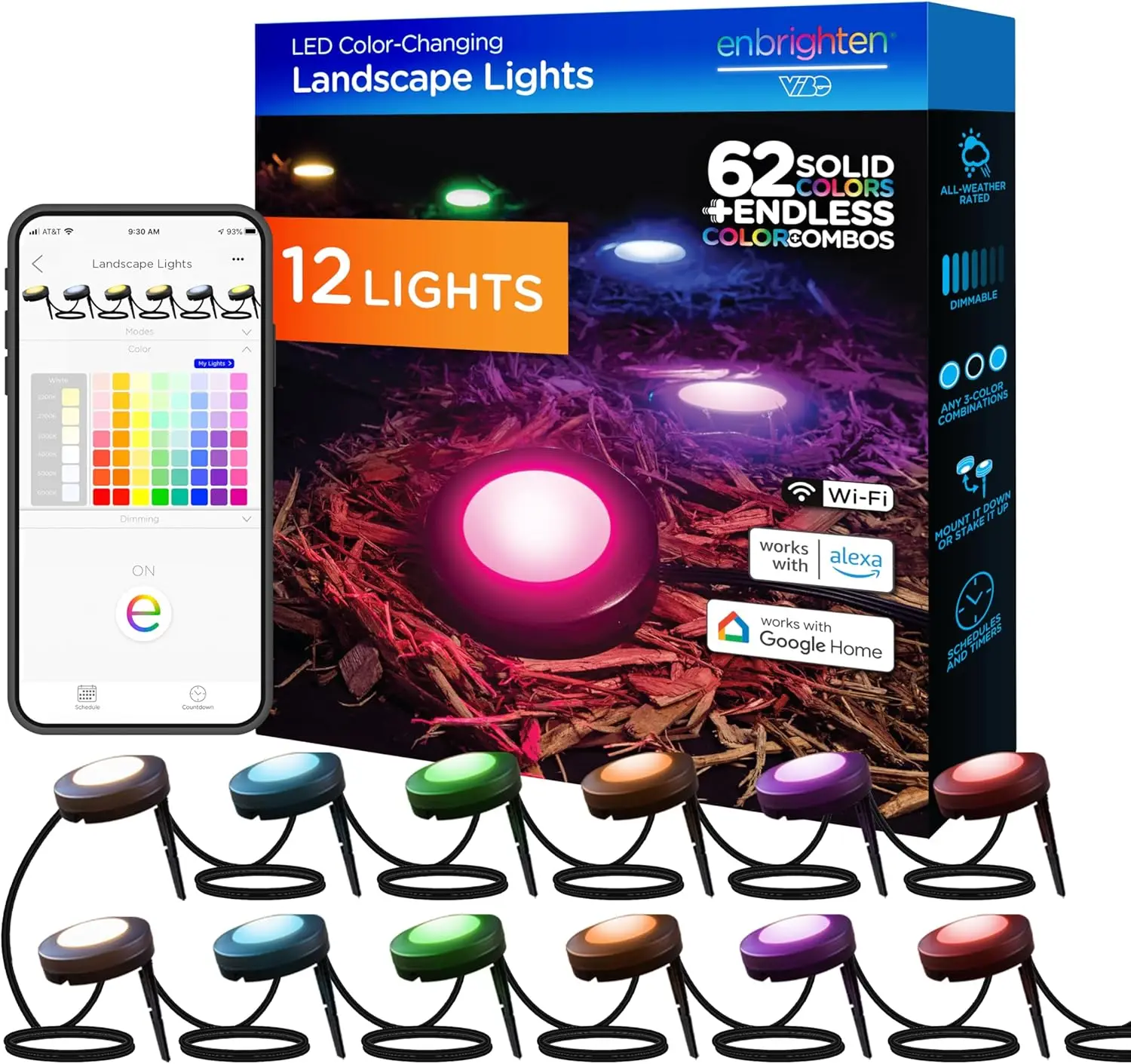 LED Smart Garden Lights, 12 Landscape Lights, 110ft Cord plus 22ft Lead Wire, Compatible