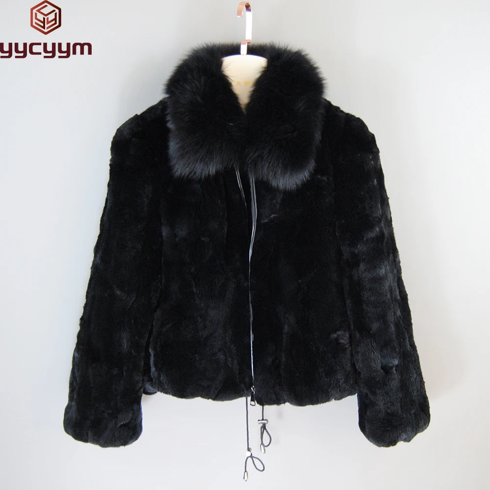 Hot Sale Women Winter Warm Soft Quality Real Rex Rabbit Fur Coat Rex Rabbit Fur Short Jacket Big Real Fox Fur Collar Overcoat