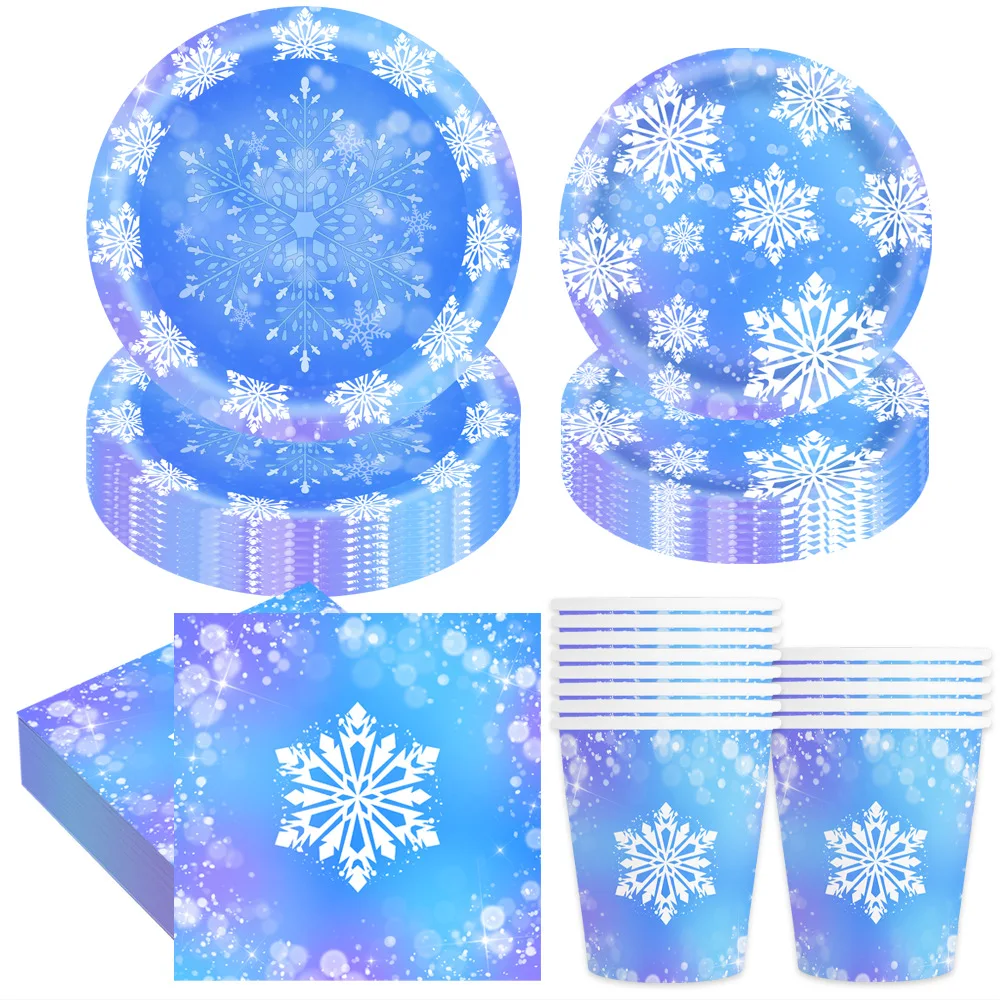 80 Stück Weihnachten, Neujahr, Winter, lila blaues Schneeflocken-Partyset, Einweg-Pappteller, Seidenpapierbecher, Partydekoration