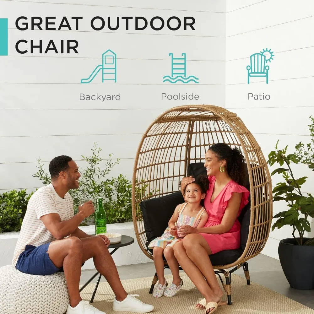 Wicker Egg Chair, Oversized Indoor Outdoor Lounger for Patio, Backyard, Living Room w/ 4 Cushions,Steel Frame,440lb Capacity