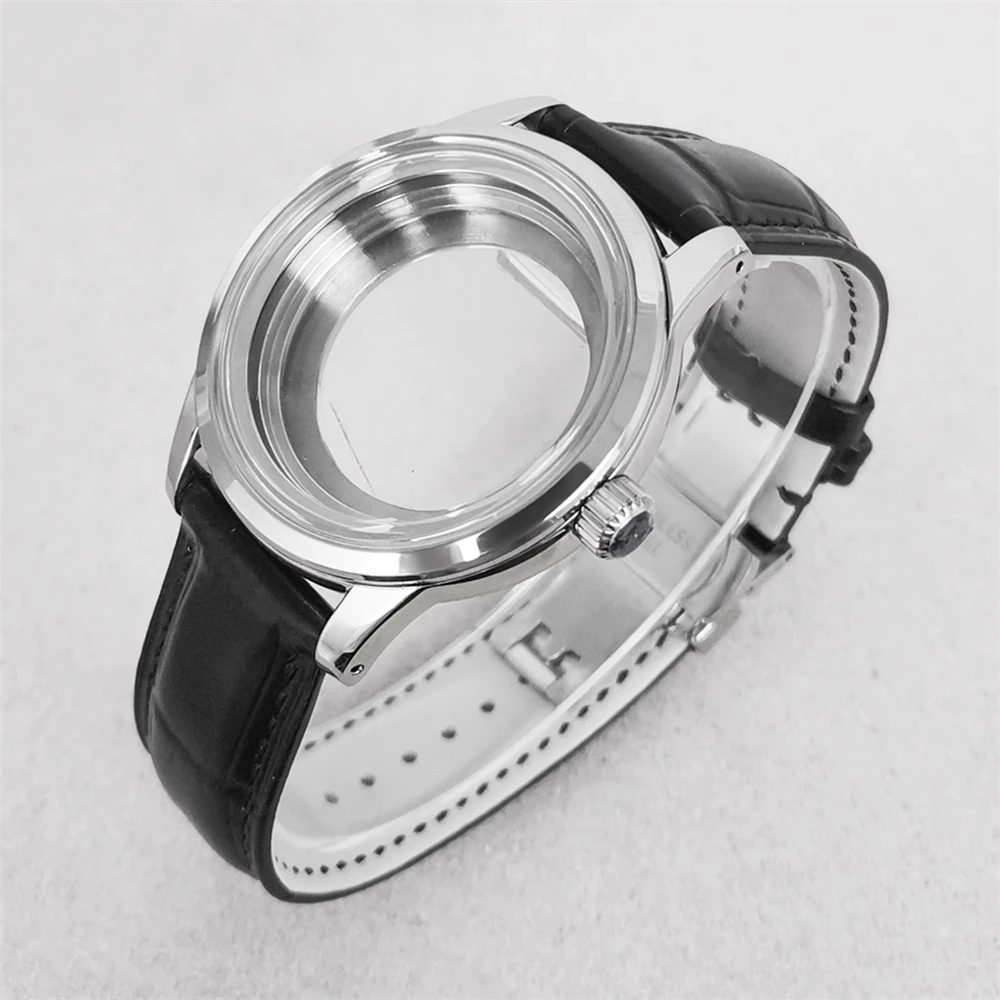 

Mineral Glass Stainless Steel 39mm Watch Case, Black/Brown Leather Strap, Cream Color Dial 31mm, for NH34 GMT Movement