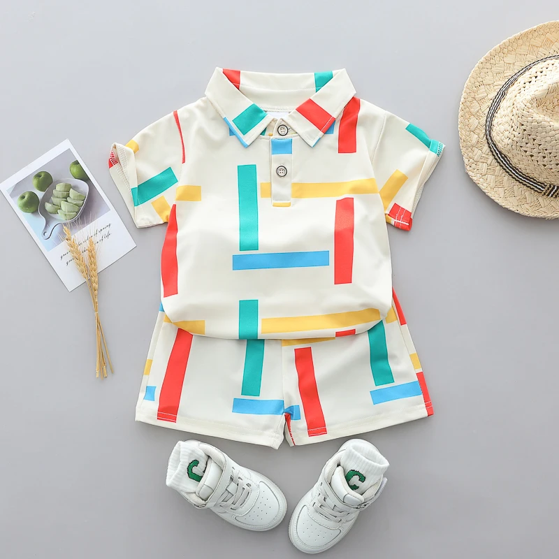Infant and toddler summer four-color striped full-print polo shirt and shorts set with lapels