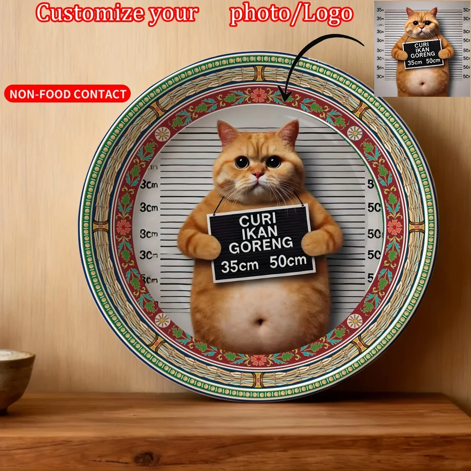 A One-Piece Customized Decorative Plate, a Non- Contact Ceramic Wall Art Piece, Inspired by a Humorous Orange Cat Holding a