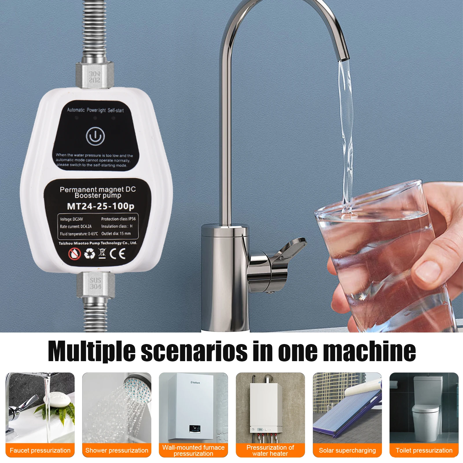 Portable Multifunctional Water Pressure Booster Pump 24V 100Pa Auto Shower Intelligent Sensing Max 25L/min Flow 82Ft Lift