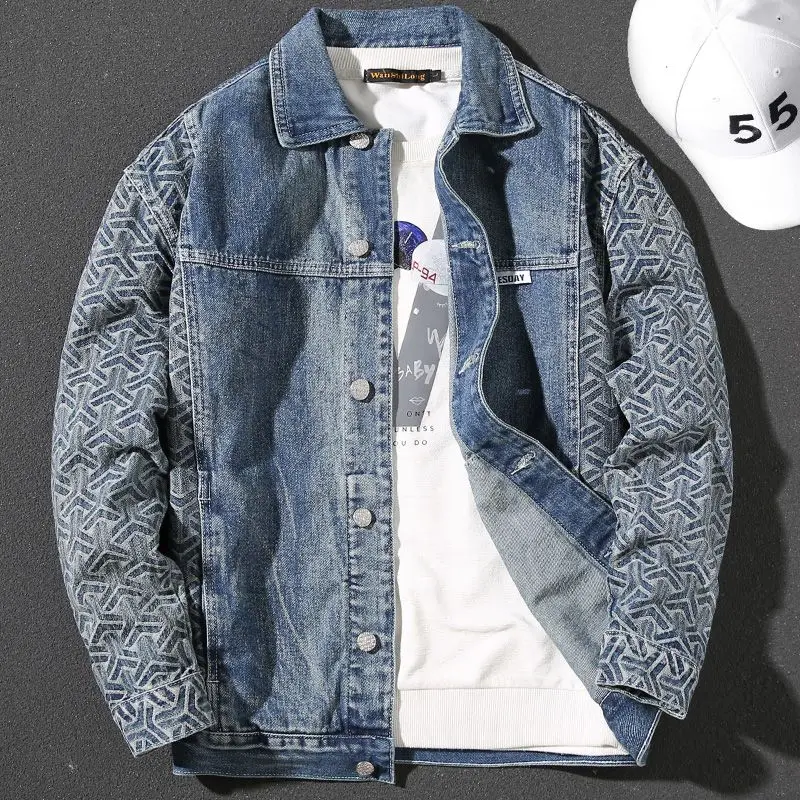 Male Jean Coats Spliced Geometric Autumn Men\'s Denim Jacket Blue Wide Shoulders Clothing G Korea Original Low Price of Fabric