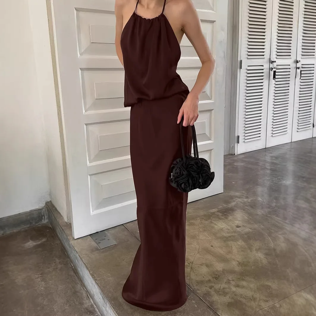 

Sexy Backless Halter Vest&Half Skirts Sets Summer Vintage Solid Vacation Outfits Casual Sleeveless High Waist Skirts Commute Set