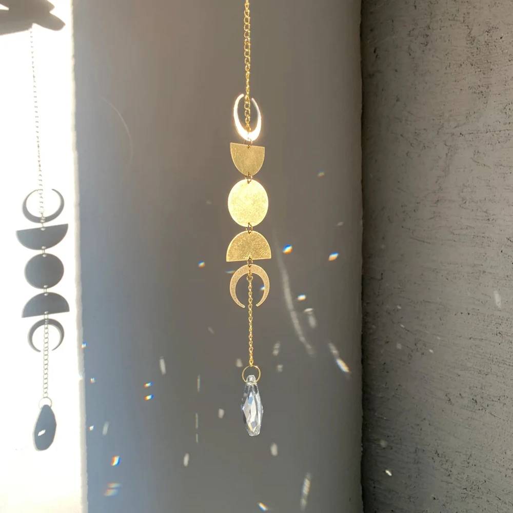 Sun Catcher Window Decor Sun Catching Ornament, Hanging Prism Ball Home Office,Golden Sun Prism Brass Moon Phase Pendant Gifts