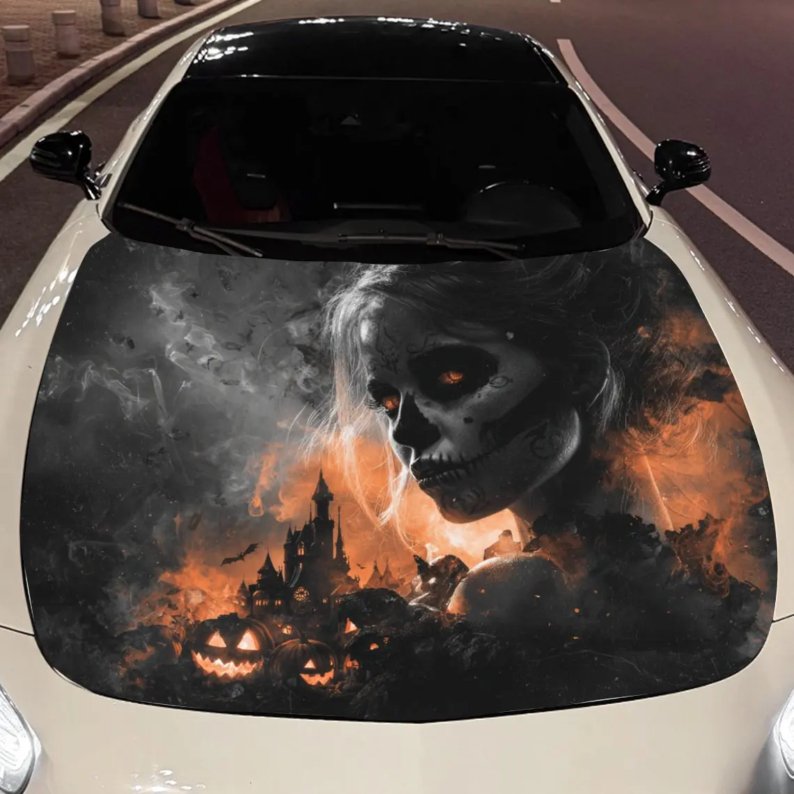 

Undead Makeup Woman and Pumpkin Castle Car Vinyl Wrap, PVC Material Waterproof Car Hood Sticker, Self-Adhesive Scratch-Resistant