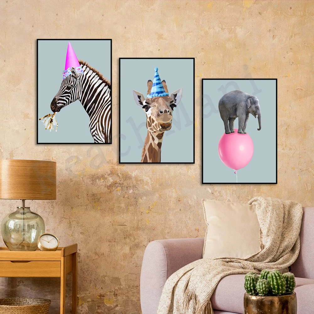 Whimsical Elephant Zebra Giraffe Balloon Print, Safari Nursery Decor PRINTABLE Wall Art,  Pink Balloon Party Animal Poster
