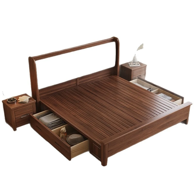 

Modern simple 1.5 meters soft wedding bed new Chinese gold silk walnut solid wood master bedroom double bed 1.8x2 meters