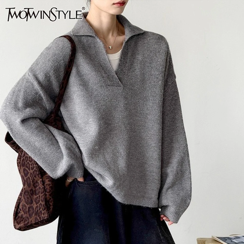 

TWOTWINSTYLE Solid Spliced Folds T Shirt Female Lapel Long Sleeve Loose Korean Minimalist Women's T Shirts Autumn Fashion New