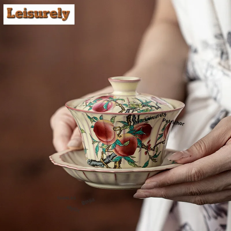 

175ml Lard Jelly Ru Kiln Nine Peach Horse Hoof Gaiwan Vintage Tea Tureen Tea Bowl with Lid Kit Tea Making Cover Bowl for Tea