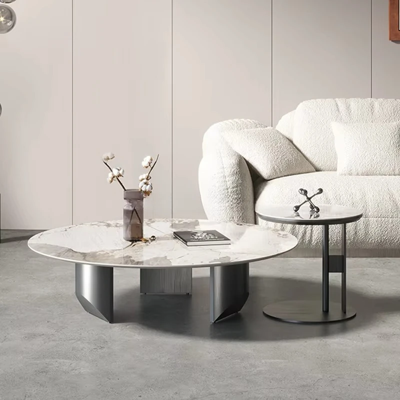 

Мебель для гостиной в простом стиле: набор кофейных столиков из нержавеющей стали с натуральным мраморным столешником и приставным столиком.