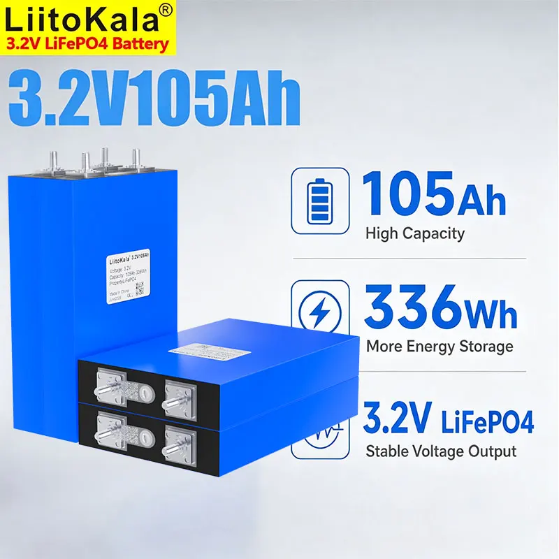 Аккумулятор LiitoKala 3.2В 105Ач LiFePO4, 336Втч, ≥4000 циклов, клемма M6, для хранения солнечной энергии в домах на колесах и солнечных электростанциях.