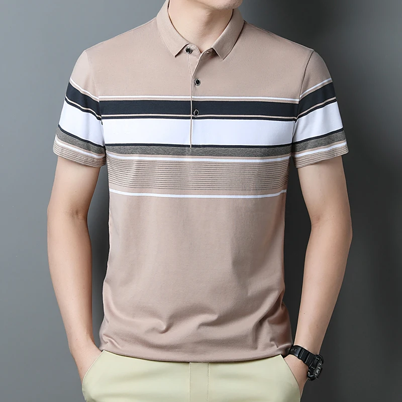 2024new Summer Fashion High Quality All Cotton Stripe Thin Lapel Short Sleeve Top Versatile Business Casual Men\'s Polo Shirt