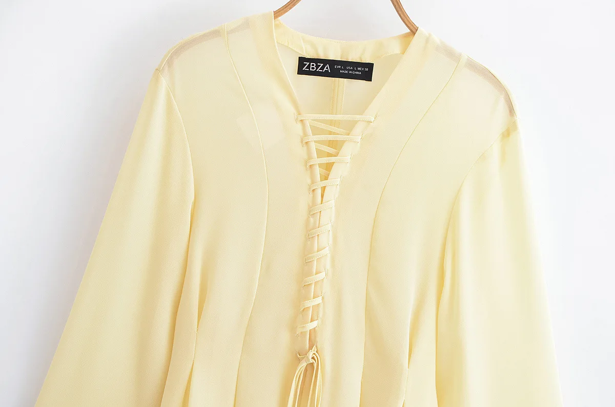Vrouwelijke Zomer Chic Solid Top Geel Ruche Lange Flare Mouw Dame Top Elegant Chiffon Lace Up Shirt Dames V-hals Losse Shirts