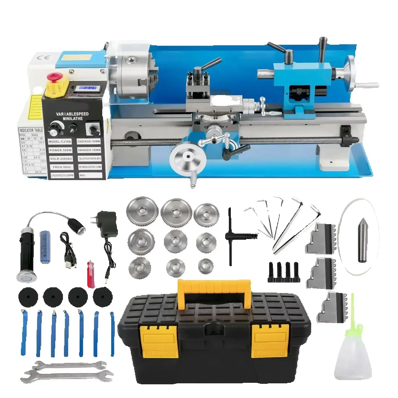 Torno de Metal Mini Sihao 7"x14" 550W 180x350mm de Velocidad Variable con Mandril de 3 Mordazas para Trabajos de Metalurgia, Torneado, Taladrado y Roscado