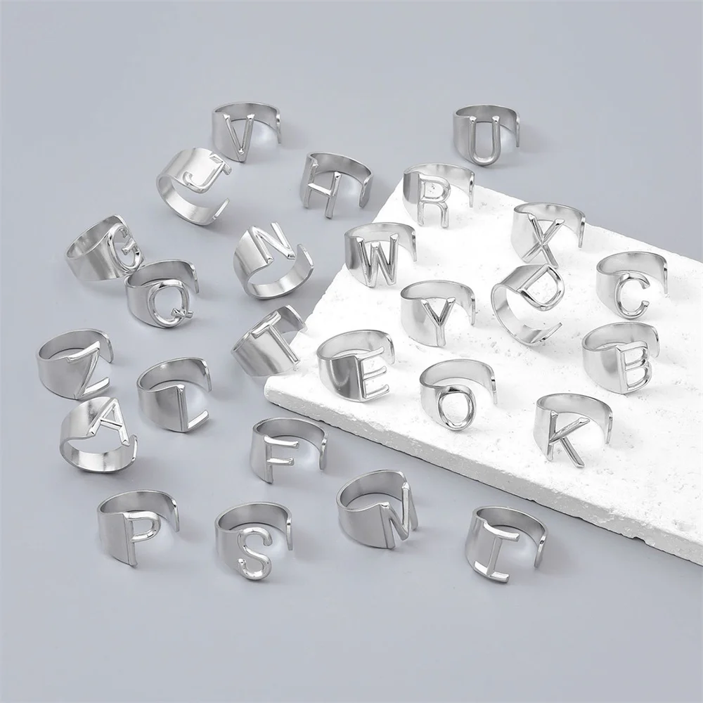 A-Z Letter Initial Name Ring Silver Color Stainless Steel Adjustable Opening 26 Alphabet Rings for Men Women Party Jewelry Gift