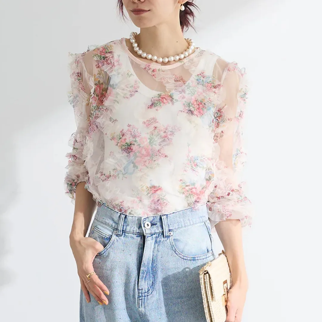 

Women's Floral Print O-Neck Long Sleeve Mesh Blouse Tops Korean Fashion Ruffles Appliques Perspective Sunshirt Stacked Outerwear