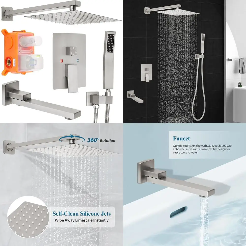 

10 Inch Square Shower Head & Handheld Combo with Tub Spout and Wall Mount Faucet in Brushed Nickel (Includes Shower Valve)