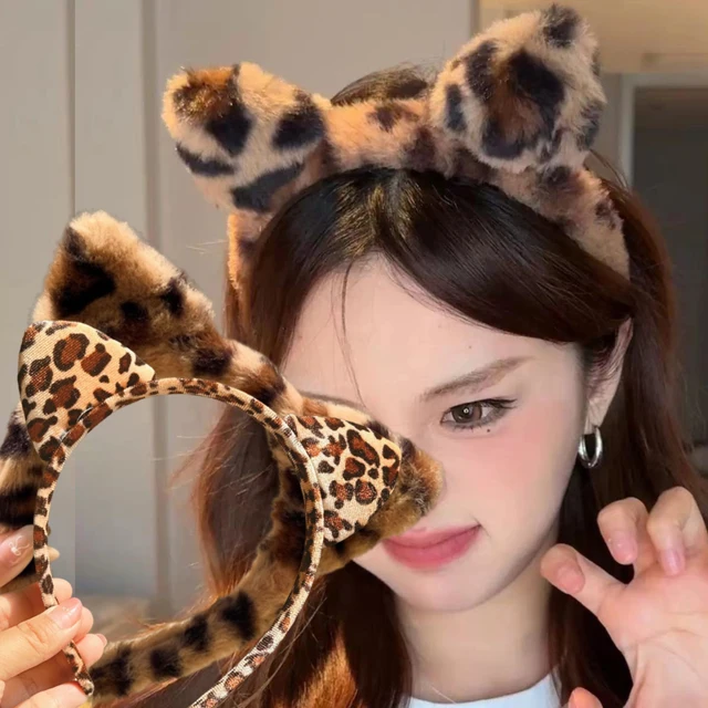 Pluszowa opaska z uszami kota Vintage Leopard Print Hair Hoops Cute Festival Akcesoria Fashion By Clips Wstążka do włosów Hair Hoop