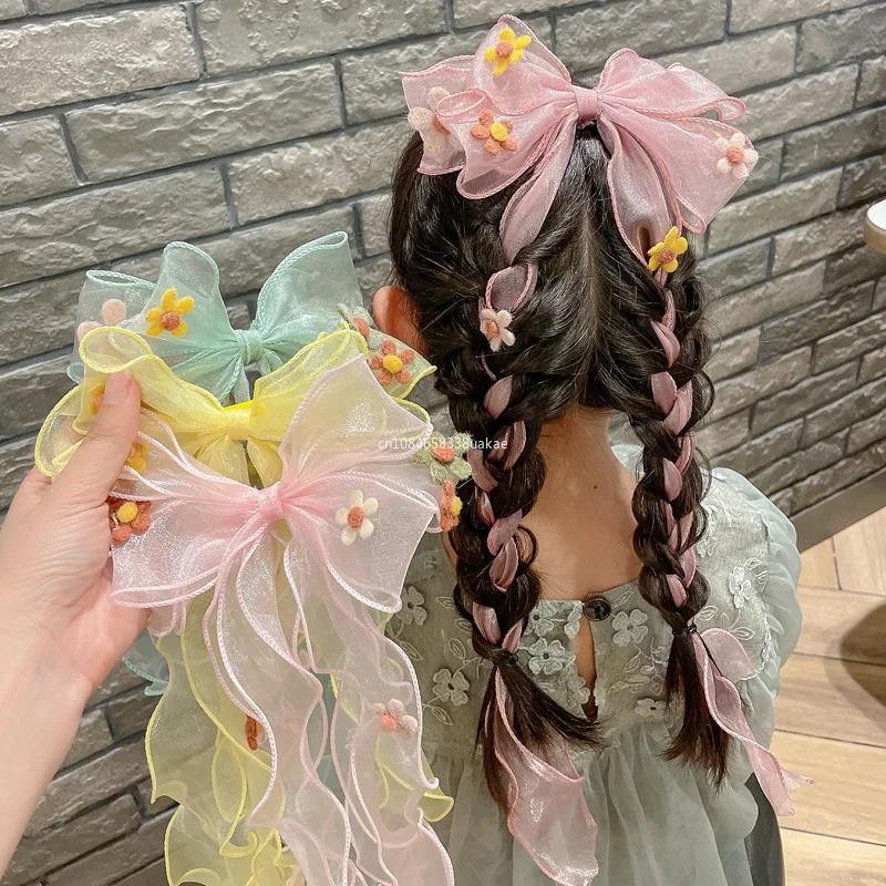 Multi Layer Flower Gauze Bowknot Hair Clip Children's Long Ribbon Braided Hair Ornaments Little Girl's Hairpins Headwear 집게핀