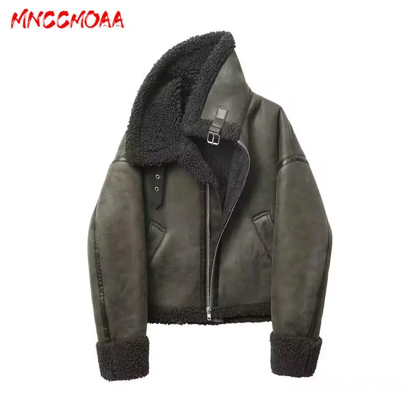 MNCCMOAA-Women's Vintage Thick Warm Faux Leather Jacket, Lambswool Coats, Female Casual Loose Outwear, High Quality, Winter 2024