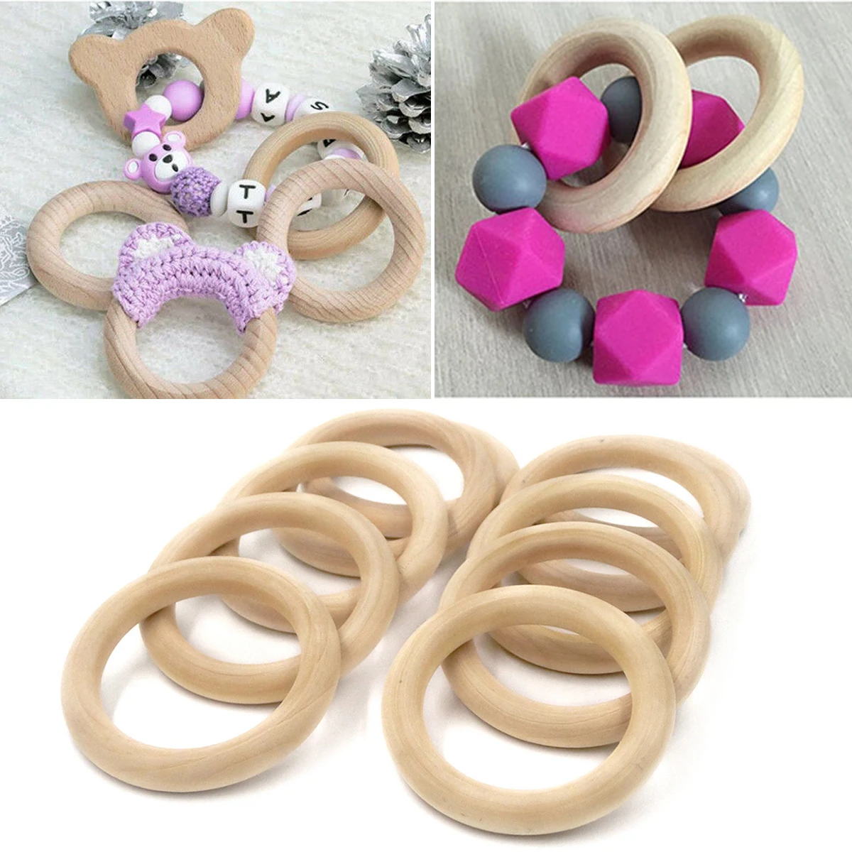 10 Pc Solid Natural Wooden Teething Ring Wood Lead-Free Beads For Ornaments Connectors Jewelry Making Macrame DIY Wood Hoop