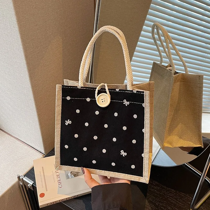 Retro Polka Dot Bow Canvas Tote Bag, Linen Bag with Edge Buttons, Simple Casual Mini Commuting Handbag, for Daily Shopping Use