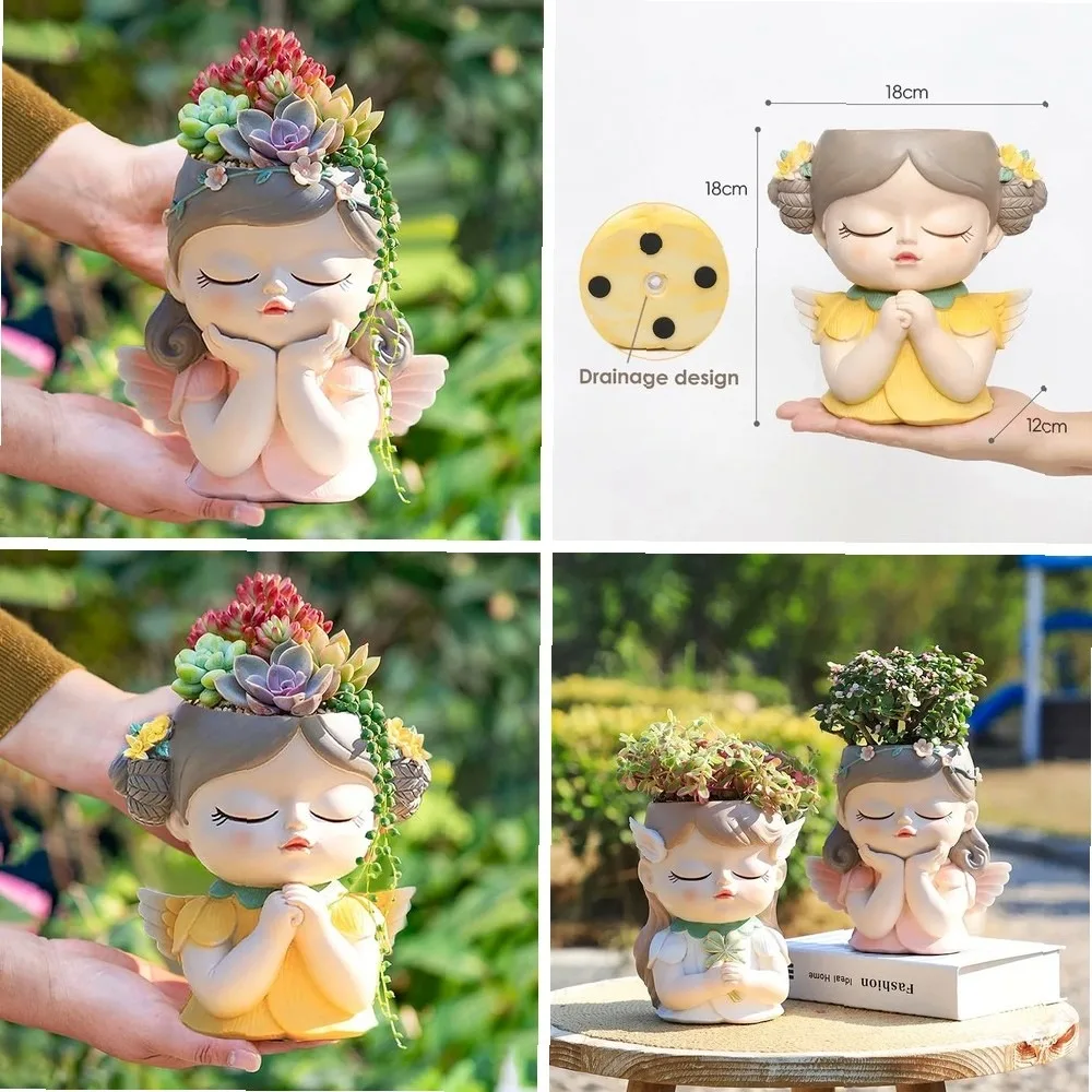 7 inch Cute Angel Girl Face Planter Pot with Drainage Hole, Resin Fairy Tale Planter Ornamental Statues for Home Office Decor