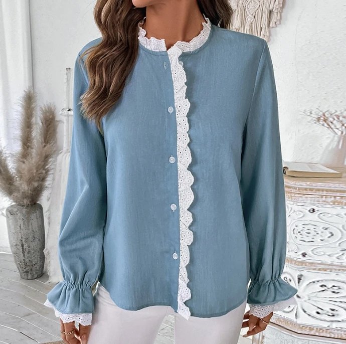 Blusa de mujer Otoño/Invierno cárdigan de algodón de retazos de encaje polar de manga larga con cuello levantado y volantes blancos