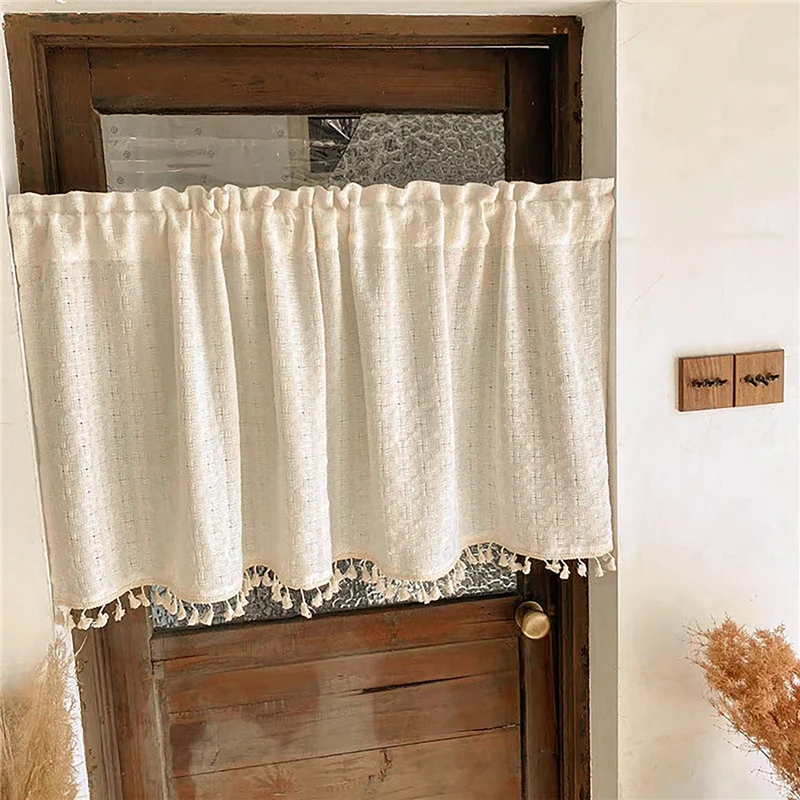 Japanese Lattice Fringed Short Curtain Cream Translucent Cafe Curtain For Kitchen Small Window Homestay Dome Decoration 1Piece