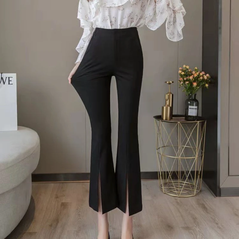 2022 Spring Summer Black Front Slit Suit Pants Women's Drape High Waist Thin Slit Wide Leg Pants Straight Loose Casual Pants