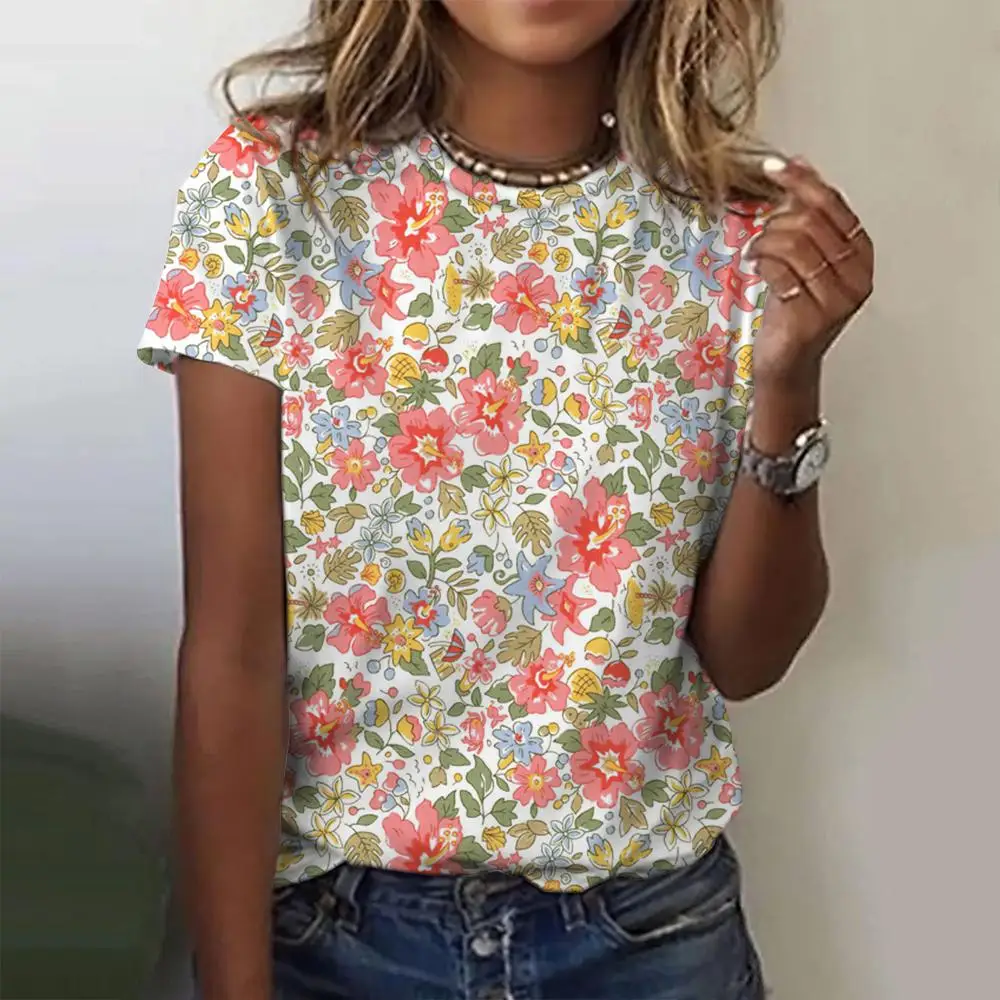 Camiseta con estampado Floral en 3d para mujer, Top informal con cuello redondo para mujer, Tops Harajuku para niña, ropa de calle de manga corta,