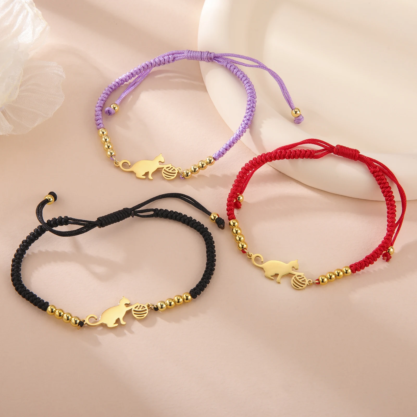 Lucktune-pulseras de gatos linda pulsera de cadena de cuentas colgante de animales de acero inoxidable para hombre y mujer 2024 Regalo de pareja de joyería Kpop de moda