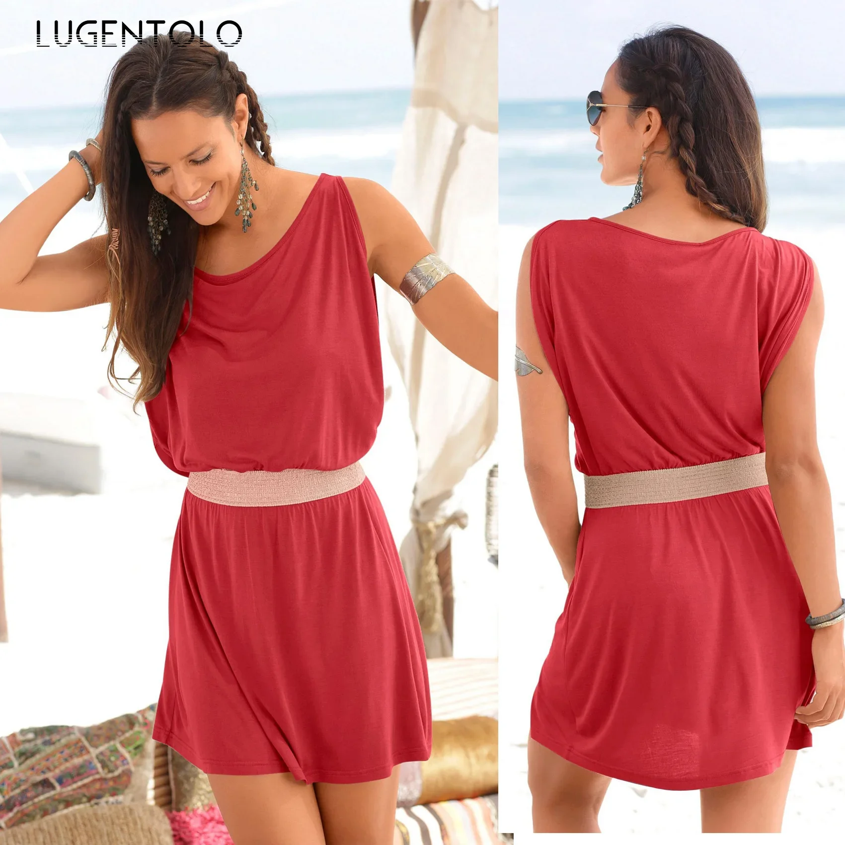 

Beach Dress Women Sexy Summer O-neck Sleeveless Thin Female Casual Loose Fashion Short Clothing Lugentolo