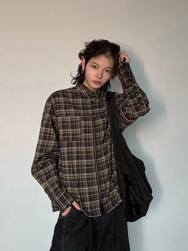 

American Retro Buttoned Plaid irt Men's Spring Autumn Wide Zipper Coat Small ence Design Sense Loose Fit Youth Trend