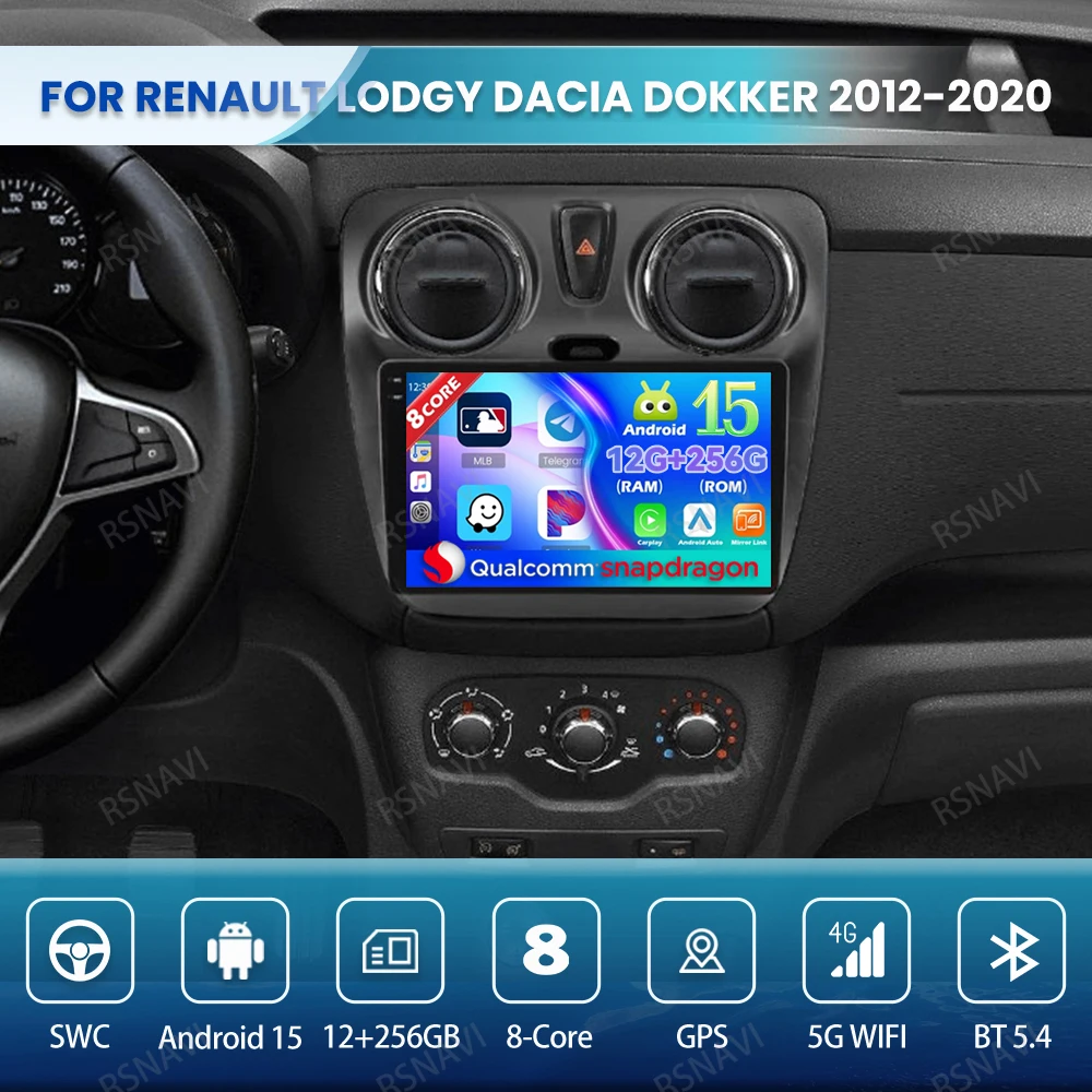 

Автомобильное радио Android 15 для Renault Lodgy Dacia Dokker 2012-2020 авторадио QLED GPS головное устройство 5G WIFI Qualcomm 4G LTE мультимедиа BT