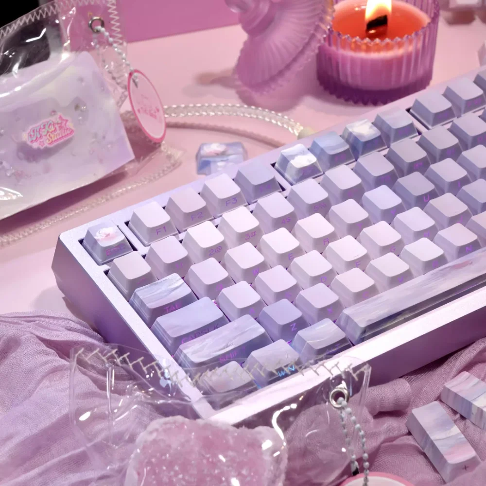 Art painting themeKeycap Set, Purple Cherry Original Height Keycap, 130 Keys for 68/75/84/87/98 Mechanical Gaming Keyboard