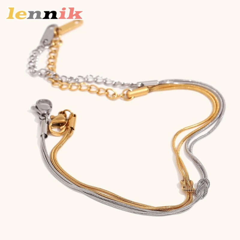 LENNIK vente chaude mode Simple en acier inoxydable plaqué or 18 carats noué chaîne serpent Fine Double couche Couple Bracelet