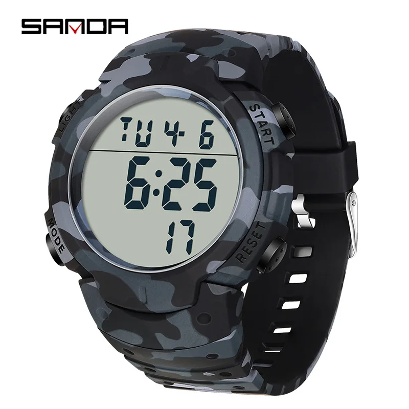 ساعة SANDA 2182 للرجال الإلكترونية المموهة متعددة الوظائف، ساعة بحزام سيليكون مقاومة للماء
