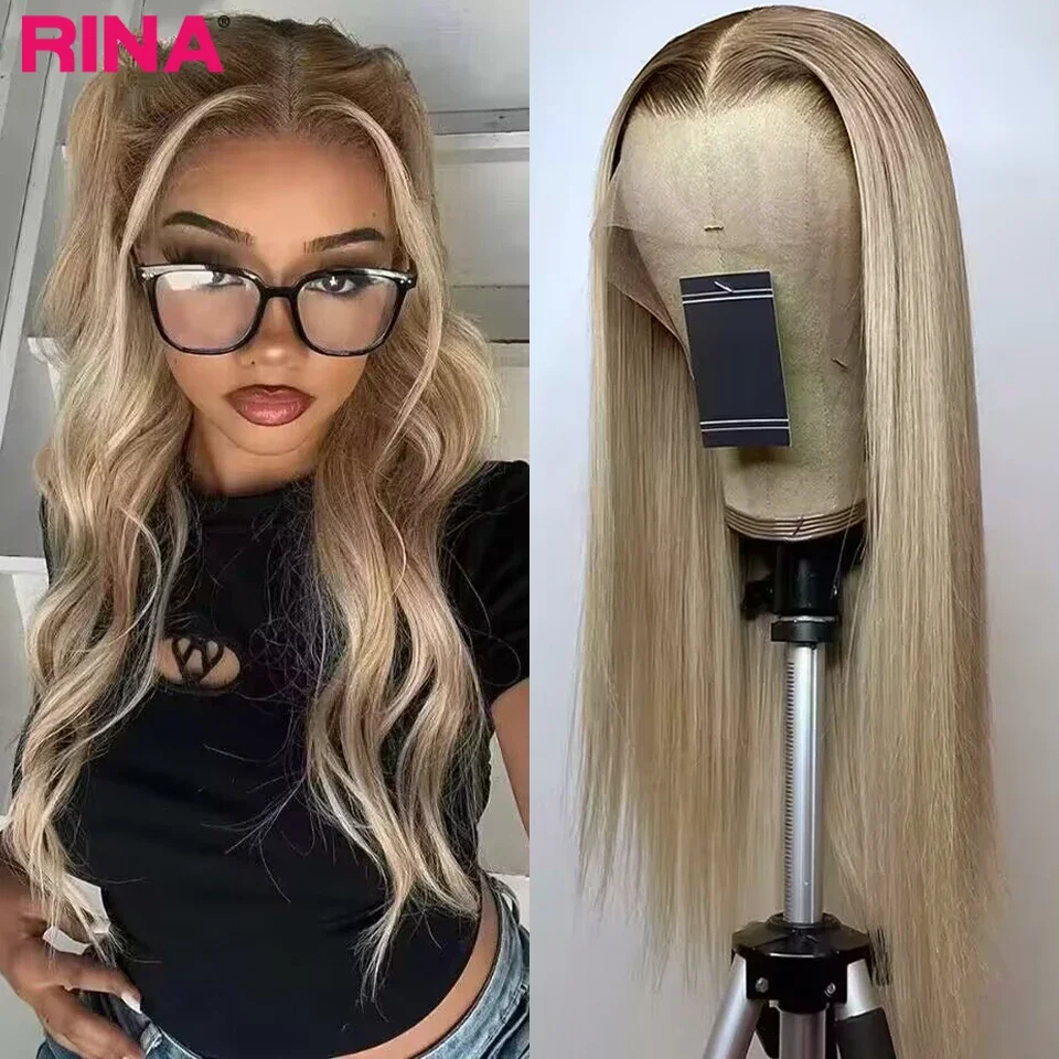 Brown Root Ash Blonde Straight 13X4 13x6 Lace Frontal Human Hair Wigs Transparent Lace 180 Density Ombre Blonde 5x5 Lace Closure