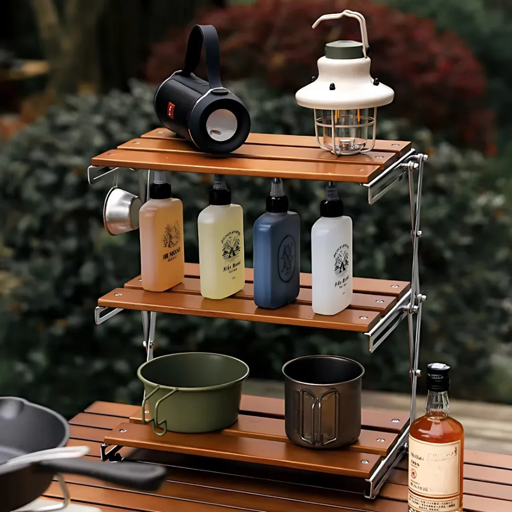 Outdoor Camping Folding Shelf Solid Wooden Three Tier Desktop Storage Rack Portable Multifunctional Outdoor Folding Storage Rack