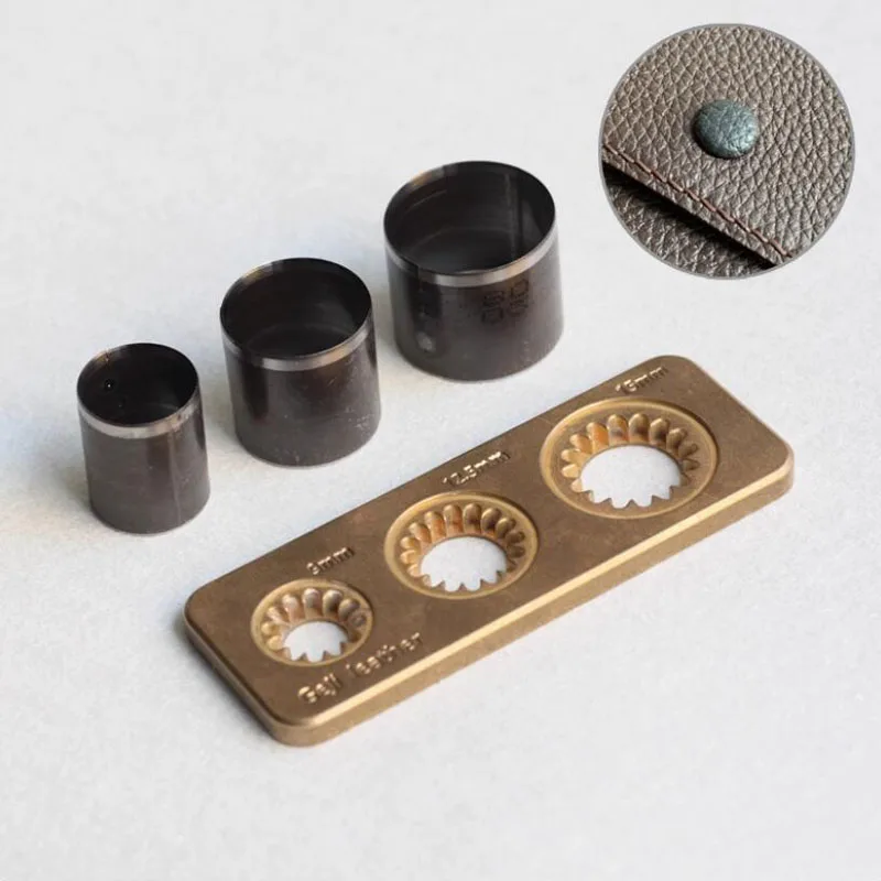 Leather Button Machine Surface Stonewashed Brass Ruler 9/12.5/15MM with 3 Cutting Dies Manual Wrapping Button Aid Tool