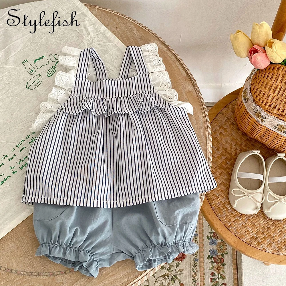 INS2023 Summer New Baby Cotton Striped Lace Strap Top+Versatile Solid Color Bread Shorts 2-Piece Set for Girls