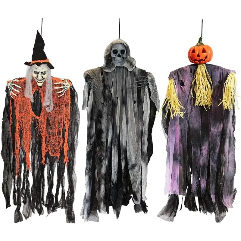 3 Pack 35” Hanging Ghosts Witch Pumpkin Decor Hanging Halloween Decorations Outdoor Halloween Decor, Scary Flying Witch