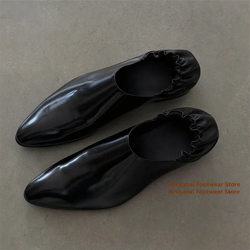 Men's Black Glossy Pointed Toe Loafers Elastic Ruched Back Slip On Leather Dress Shoes Trendy Men's Formal Casual Shoes