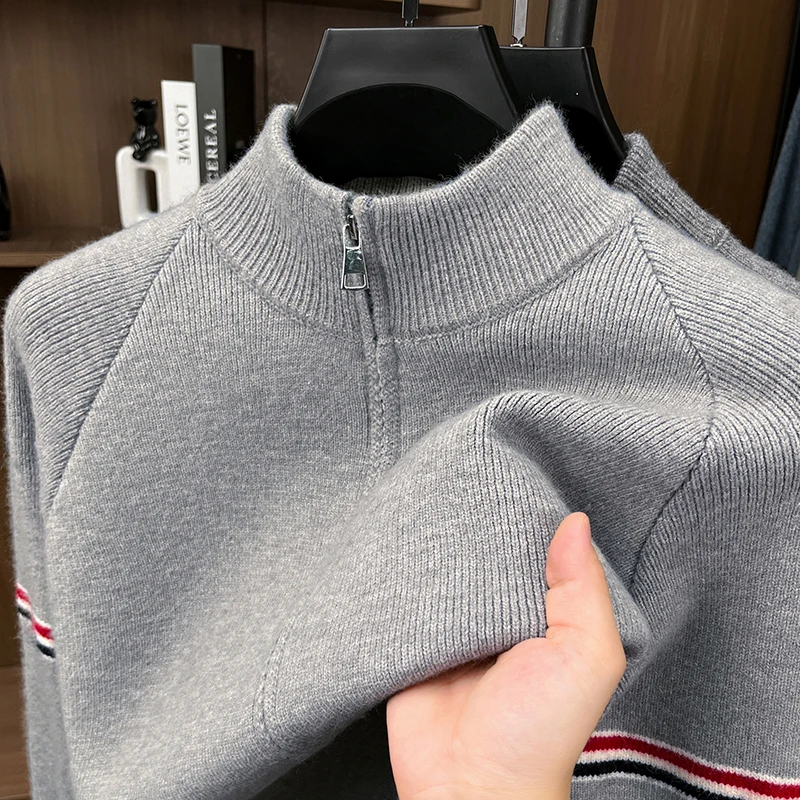 Men's Mock Neck Quarter Half Zip Knit Sweater Thickened Warm Autumn Winter Long Sleeve Pullover Tops Business Casual Men's Wear